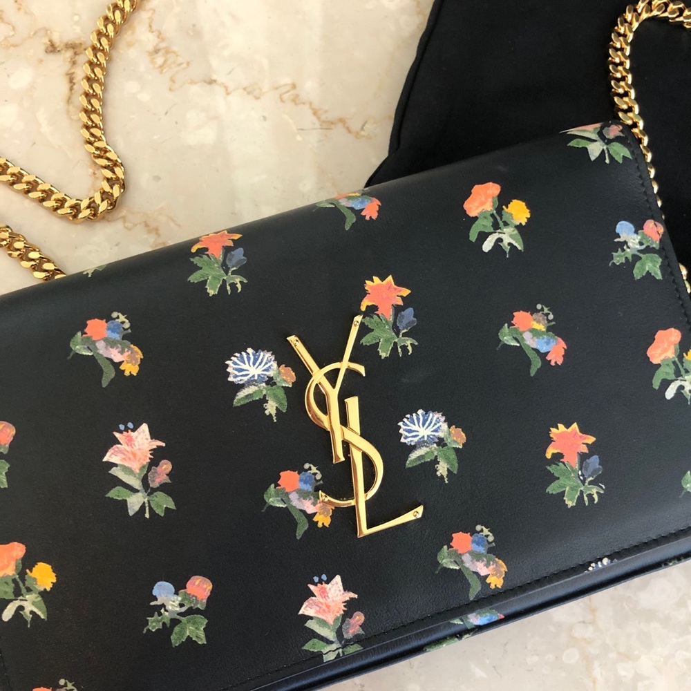 YSL Cross Body Bag w-Flowers Gold Chain Yves Saint Laurent Pocket Book Leather